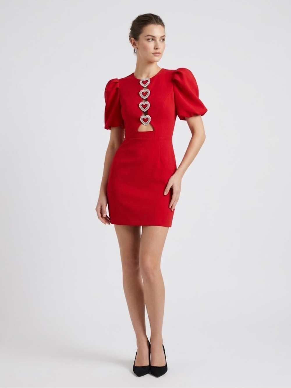 Red Puff Sleeve Heart Cutout Mini Dress Crystal Rhinestone Small Dupe